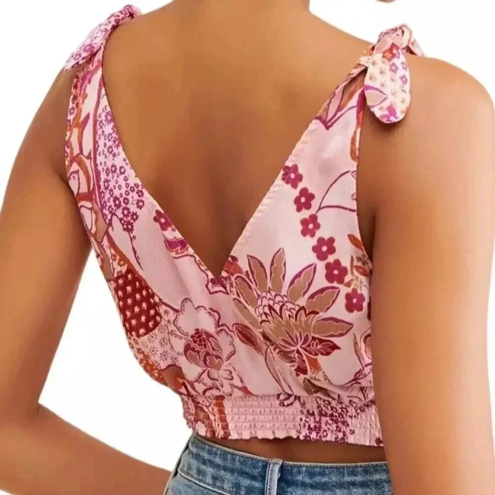 Free People Crop Top Pink Print Tie Strap